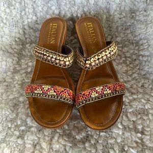 Italian Shoemakers Wedge Faux Wood Beaded Boho Sandals Sz 10/41